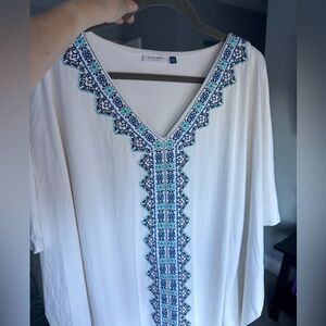 Cabana Life White and Blue Embroidered Women's cover-up with pom tassels